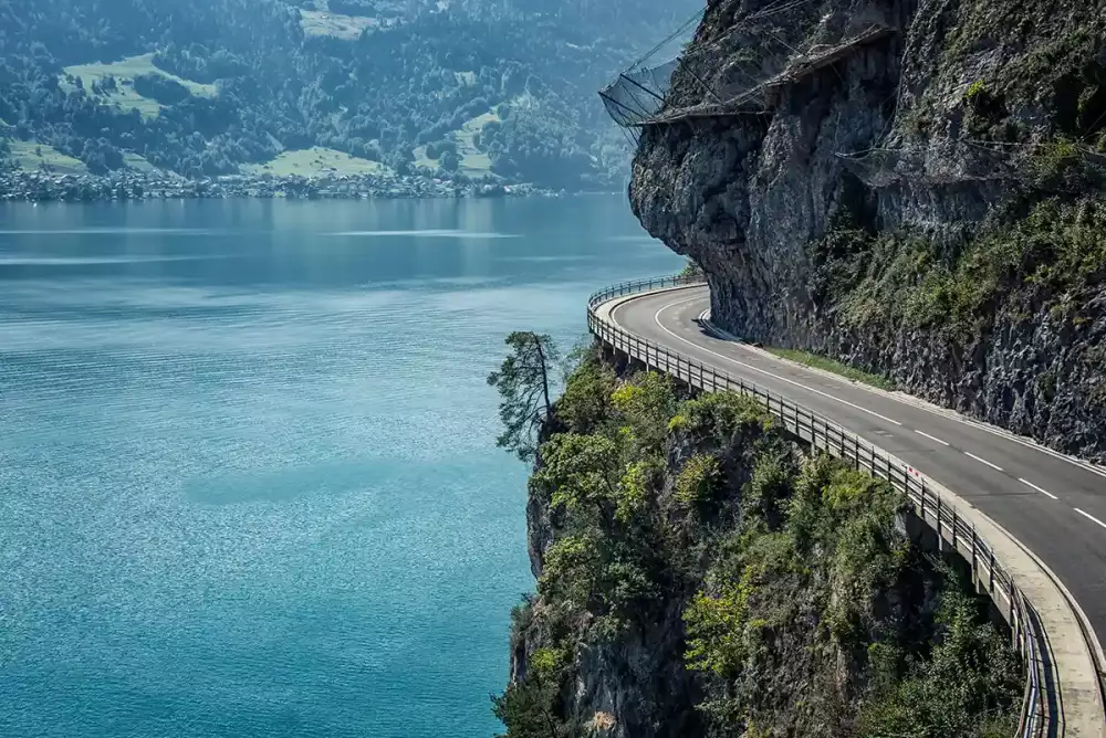 Road built in the cliff near lake lucerne